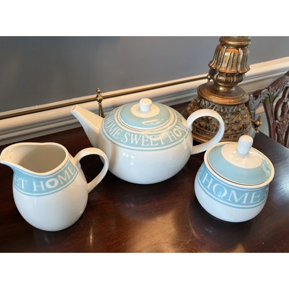 Waterside Fine China Blue and White Home Sweet Home Tea Set Vintage 3 Piece
